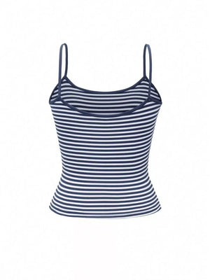 Blue and white striped cami top with thin straps and a fitted cut.