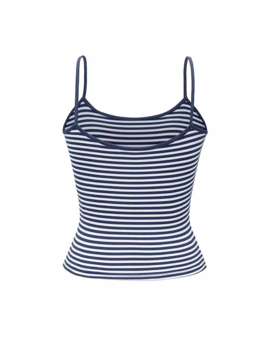 Blue and white striped cami top with thin straps and a fitted cut.
