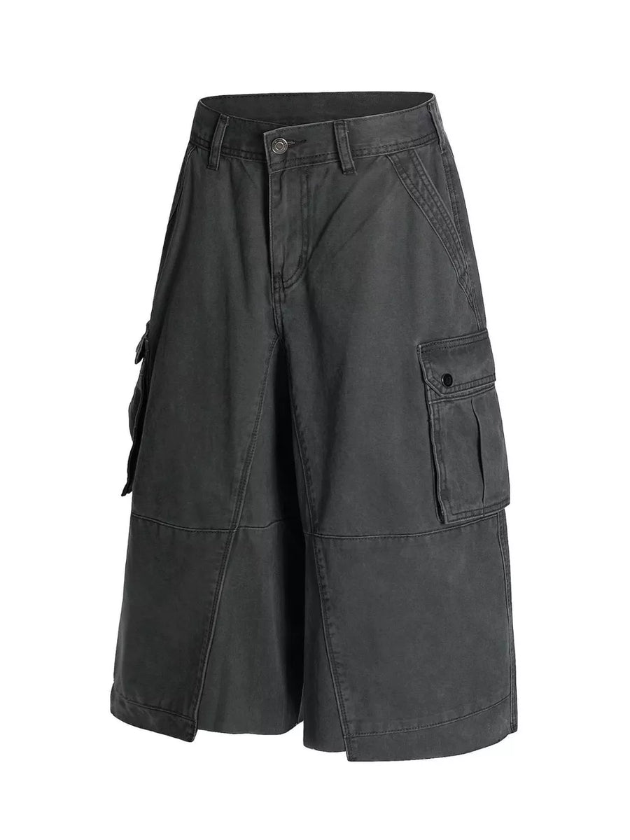 Men's grey cargo shorts with multiple utility pockets and a relaxed fit.