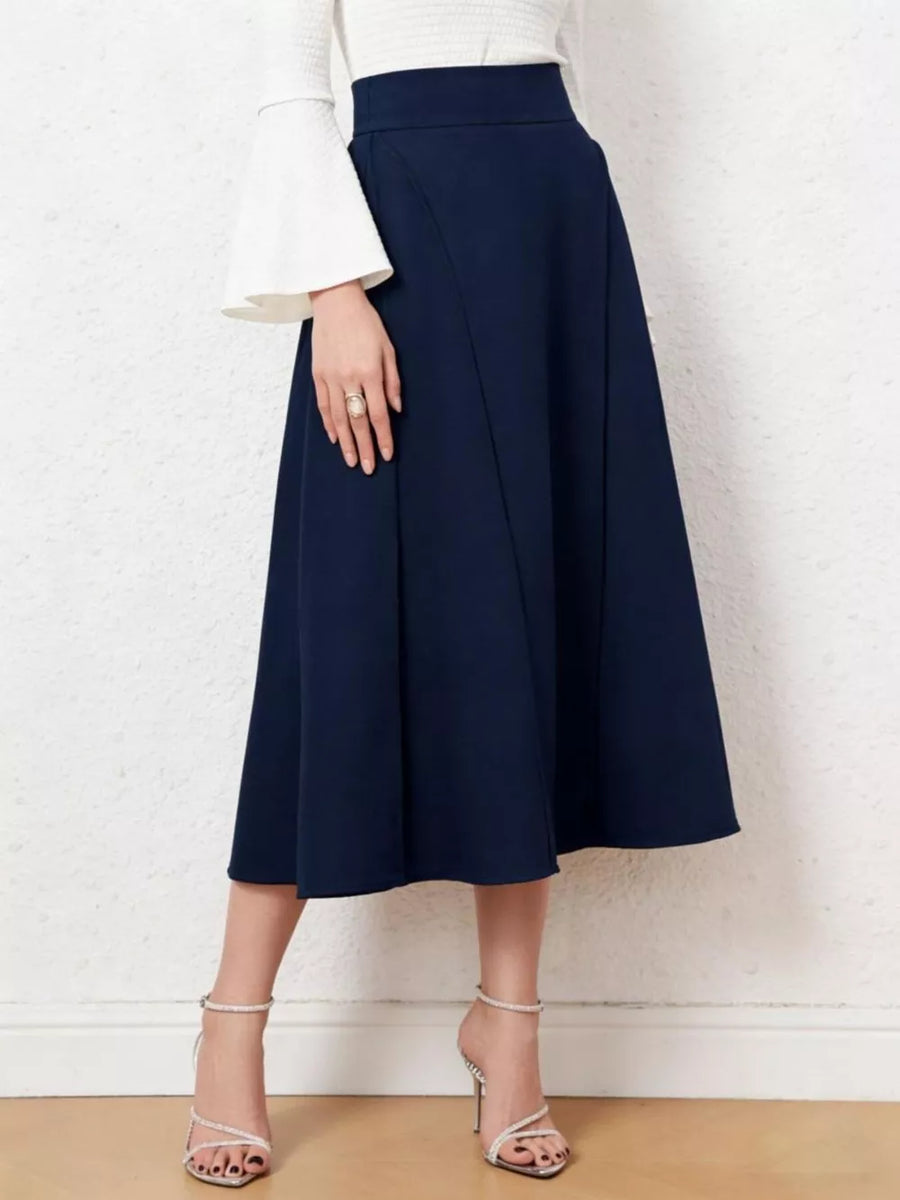 Elegant navy midi skirt with a high waist and flared A-line cut.