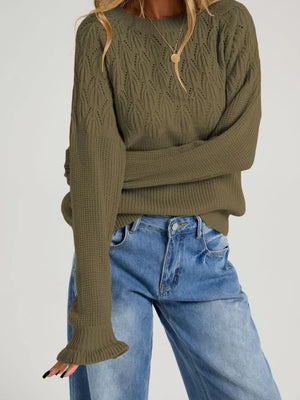 pullover sweater featuring pointelle knit in Khaki with 100% Acrylic Care instructions: Machine wash cold texture