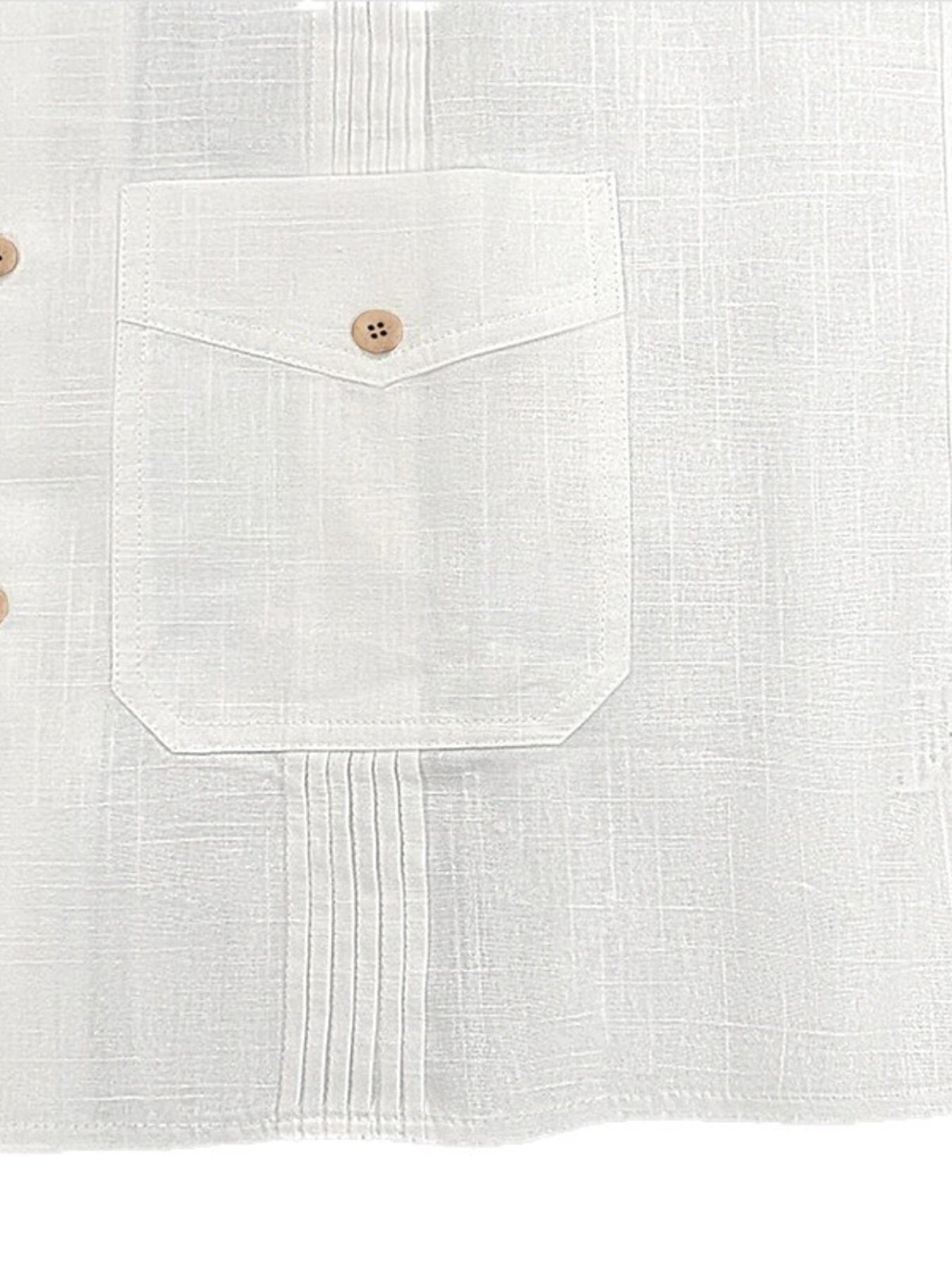 Men's white cotton blend button-up shirt with a chest pocket and pintuck details.