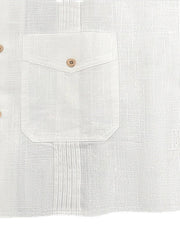 Men's white cotton blend button-up shirt with a chest pocket and pintuck details.