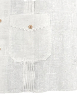 Men's white cotton blend button-up shirt with a chest pocket and pintuck details.