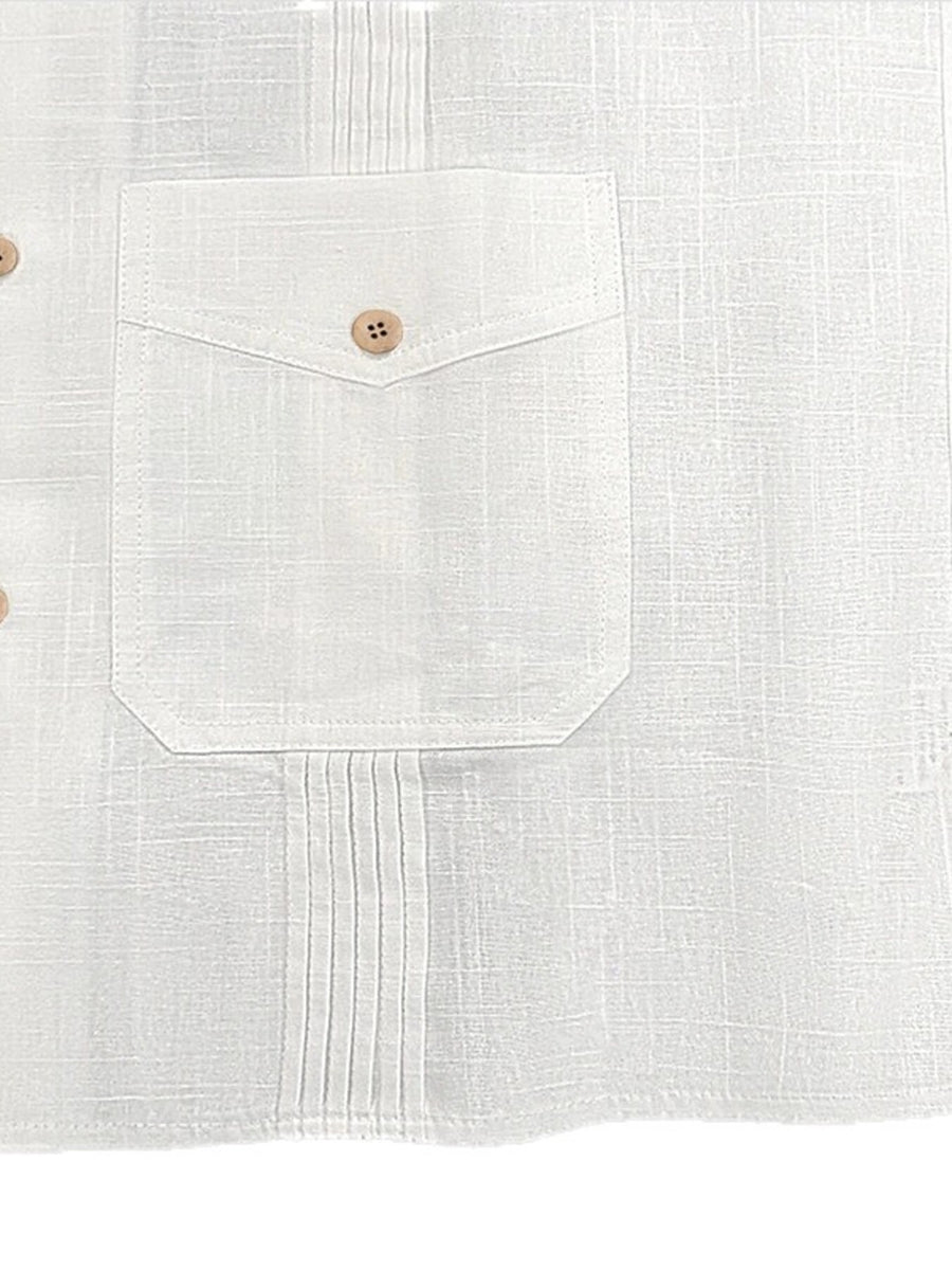 Men's white cotton blend button-up shirt with a chest pocket and pintuck details.
