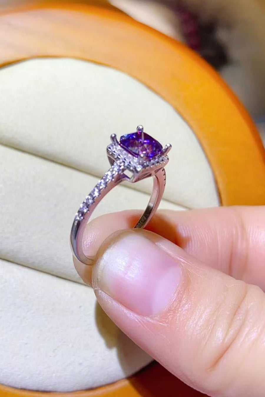 Purple cushion-cut moissanite halo ring with diamond band
