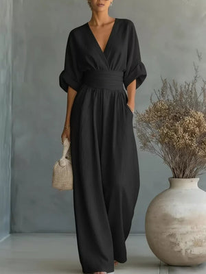 Black Full Size Half Sleeve Wide Leg Jumpsuit
