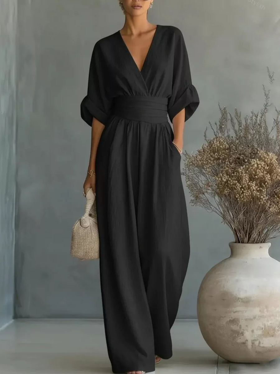 Black Full Size Half Sleeve Wide Leg Jumpsuit