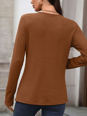 Waffle knit long sleeve t-shirt in Caramel with a crew neck.