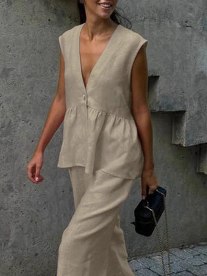 Khaki sleeveless V-neck peplum top and wide-leg pants set in cotton.