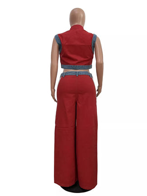 Red zip-front crop top and wide-leg pants set with denim accents.
