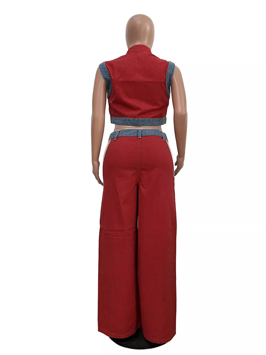 Red zip-front crop top and wide-leg pants set with denim accents.