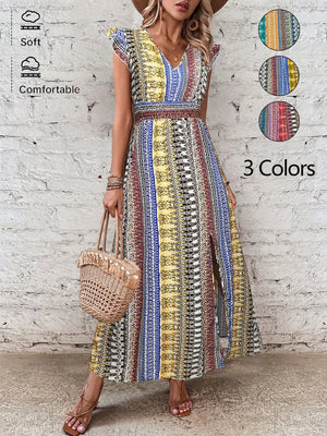 Bohemian maxi dress with ruffle sleeves, V-neck, and side slit in a colorful print.