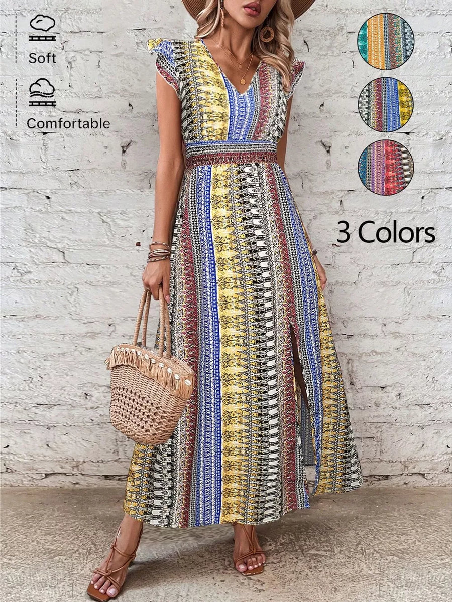 Bohemian maxi dress with ruffle sleeves, V-neck, and side slit in a colorful print.