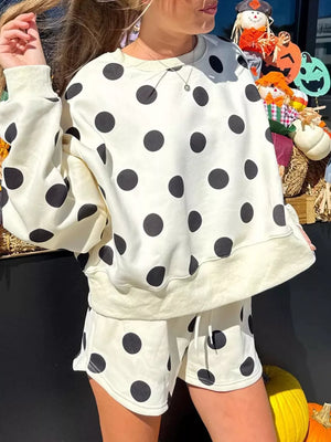 black lounge set featuring drawstring waist and polka dot