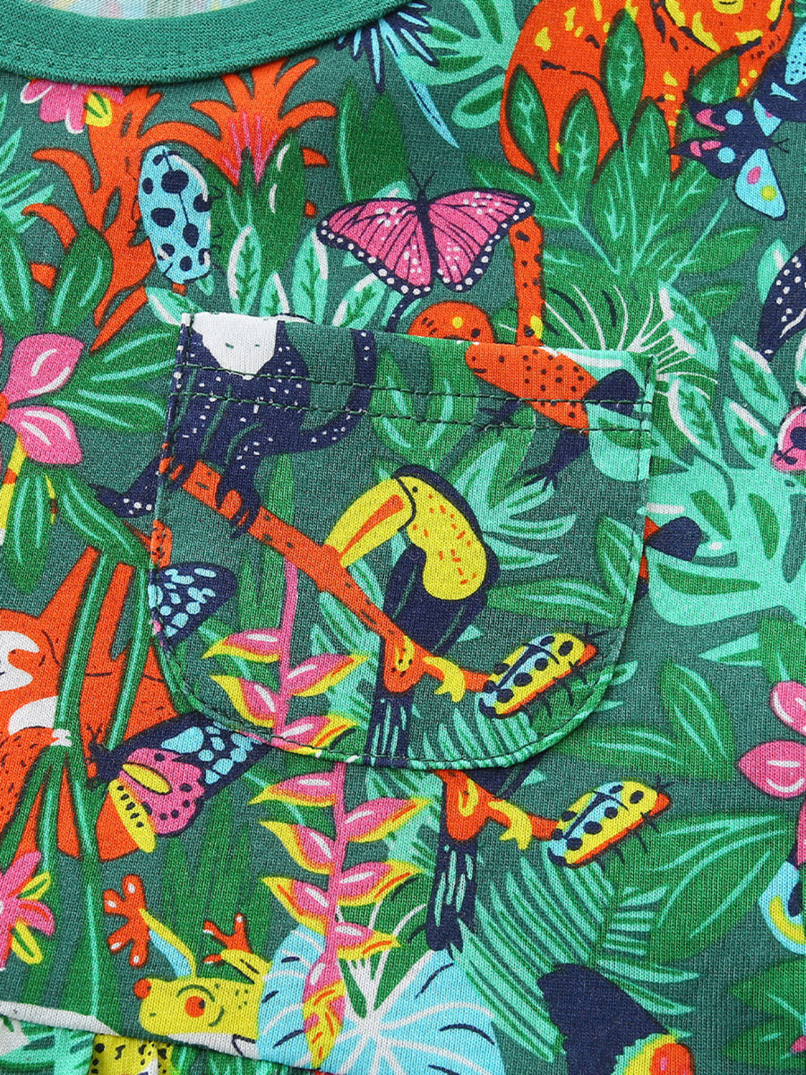Toddler cotton dress with jungle print, toucans, butterflies, and a chest pocket.