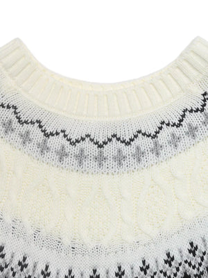 White Fair Isle knit sweater with cable knit details and a crew neck.