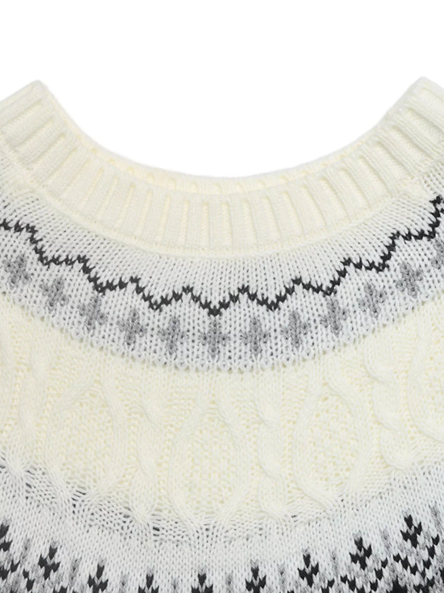 White Fair Isle knit sweater with cable knit details and a crew neck.