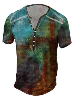Men's short sleeve henley t-shirt with abstract cross print in turquoise and coffee brown tones.