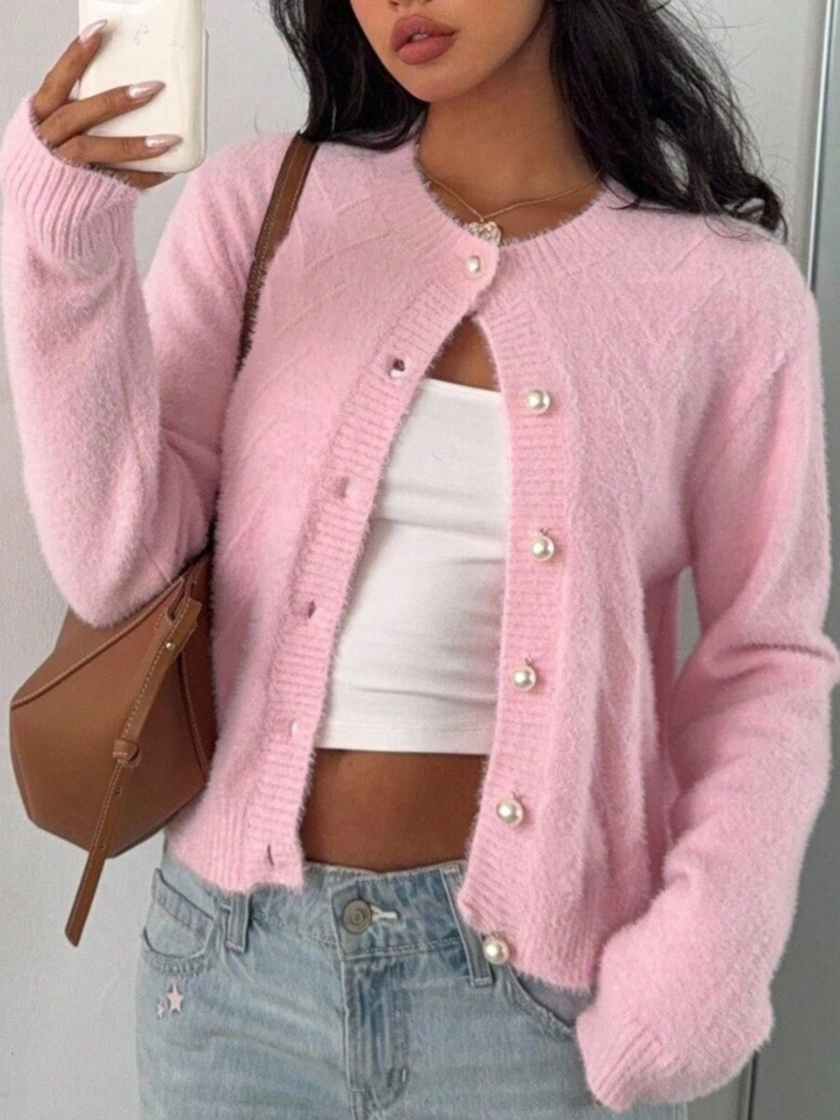 baby pink cardigan with chevron and round neck