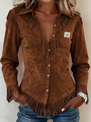 Light Green Full Size Fringed Collared Neck Shirt Plus Size