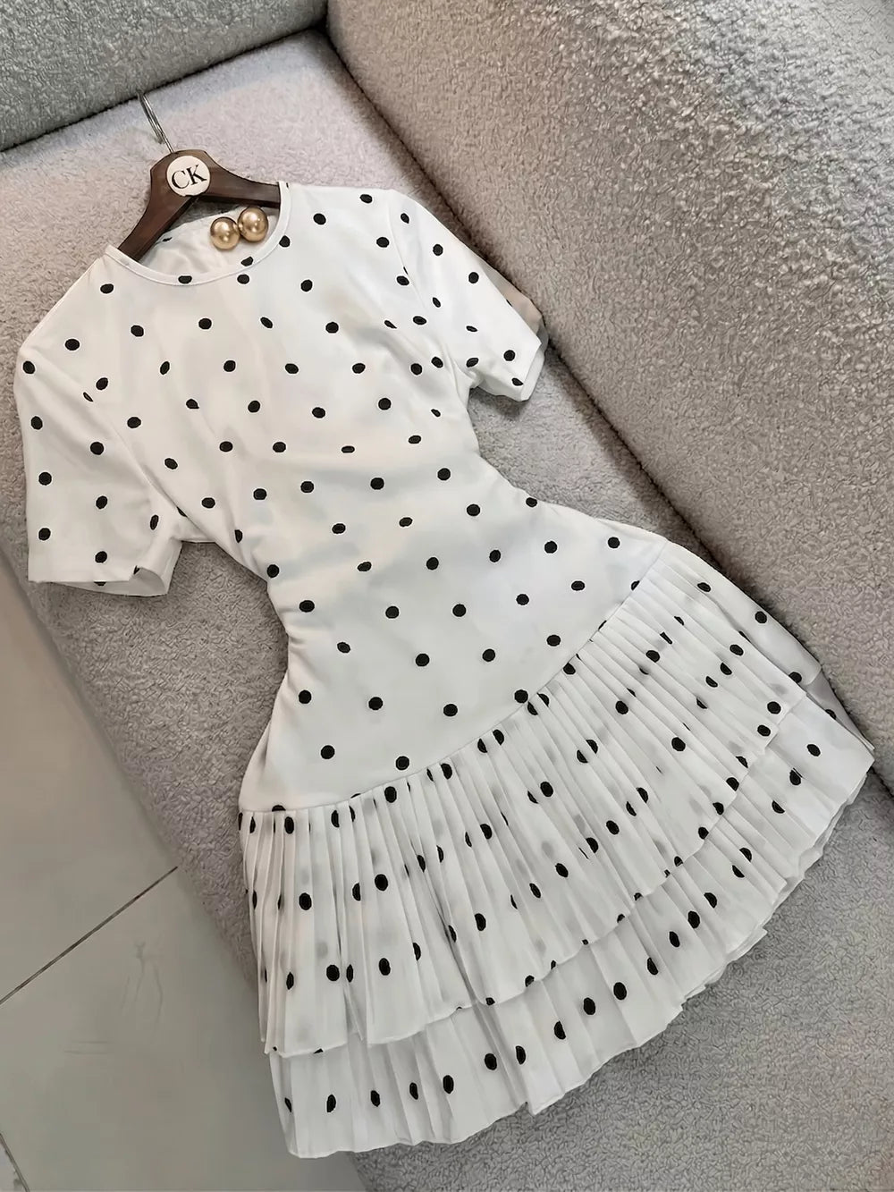 white mini dress with polka dot and round neck