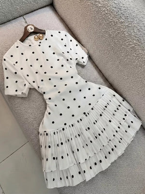 white mini dress with polka dot and round neck