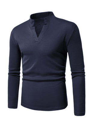 Navy blue long sleeve t-shirt with notched V-neck and waffle knit texture.
