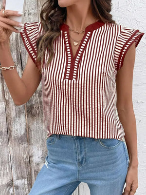Burgundy and white striped blouse with ruffle sleeves and a V-neck.