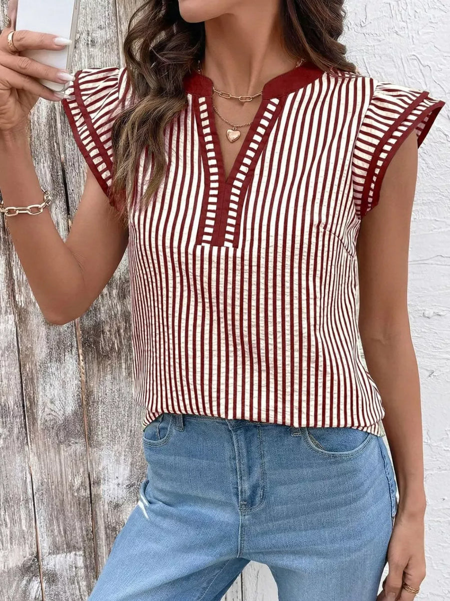 Burgundy and white striped blouse with ruffle sleeves and a V-neck.