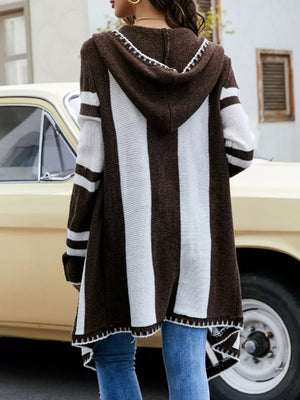 Dusty Blue with Striped Hooded Open Front Cardigan