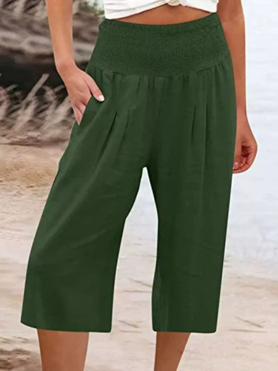 Green linen blend cropped pants with smocked waist and side pockets