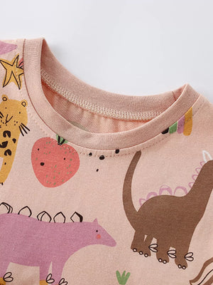 Pink cotton toddler set with dinosaur and rainbow print