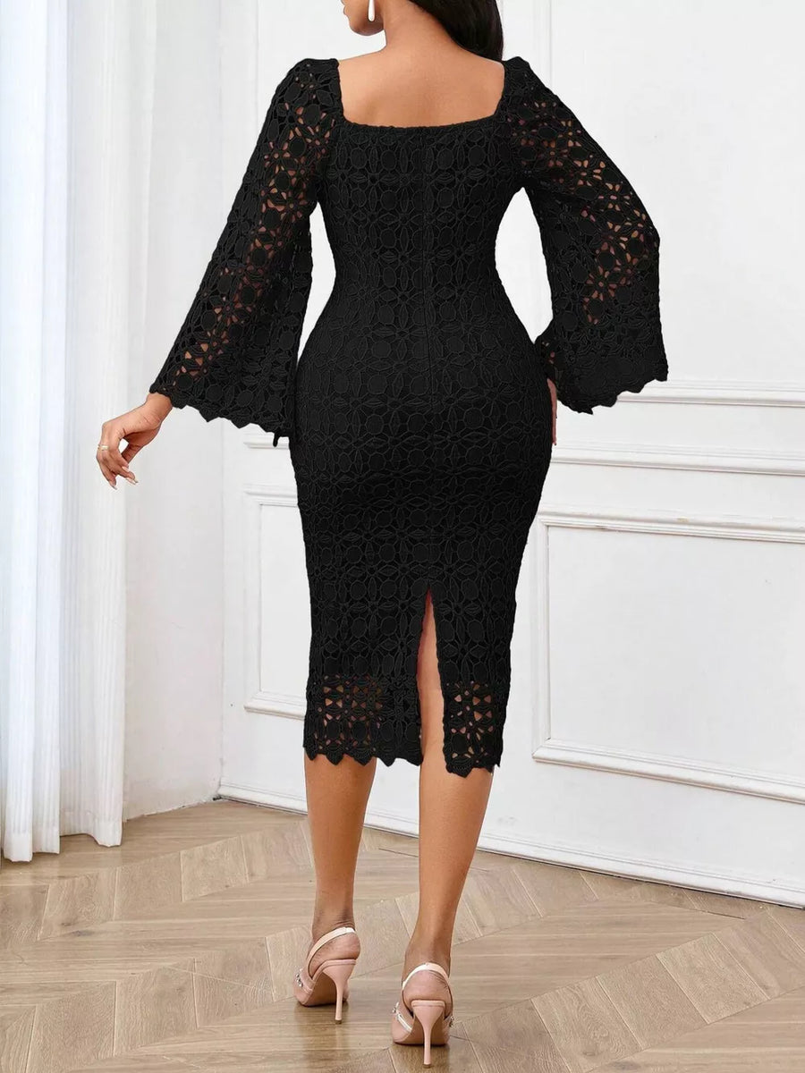 Black lace midi dress with sheer bell sleeves and a square neckline.