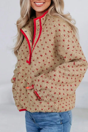 Heart Pattern Fleece Colorblock Collar Sweatshirt in Camel