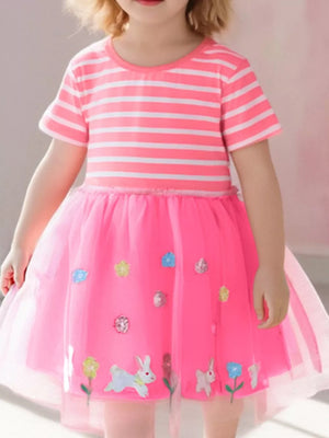 Pink striped cotton blend dress with bunny and flower appliqués on a bright pink tulle skirt.