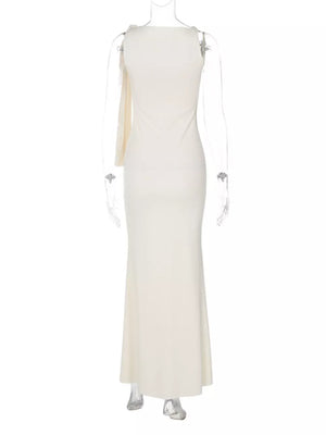Apricot asymmetrical draped maxi dress with a single sleeve detail.