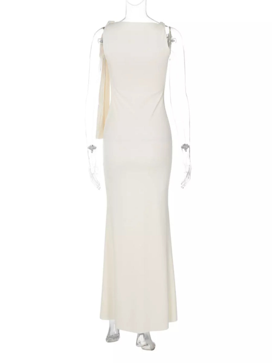 Apricot asymmetrical draped maxi dress with a single sleeve detail.
