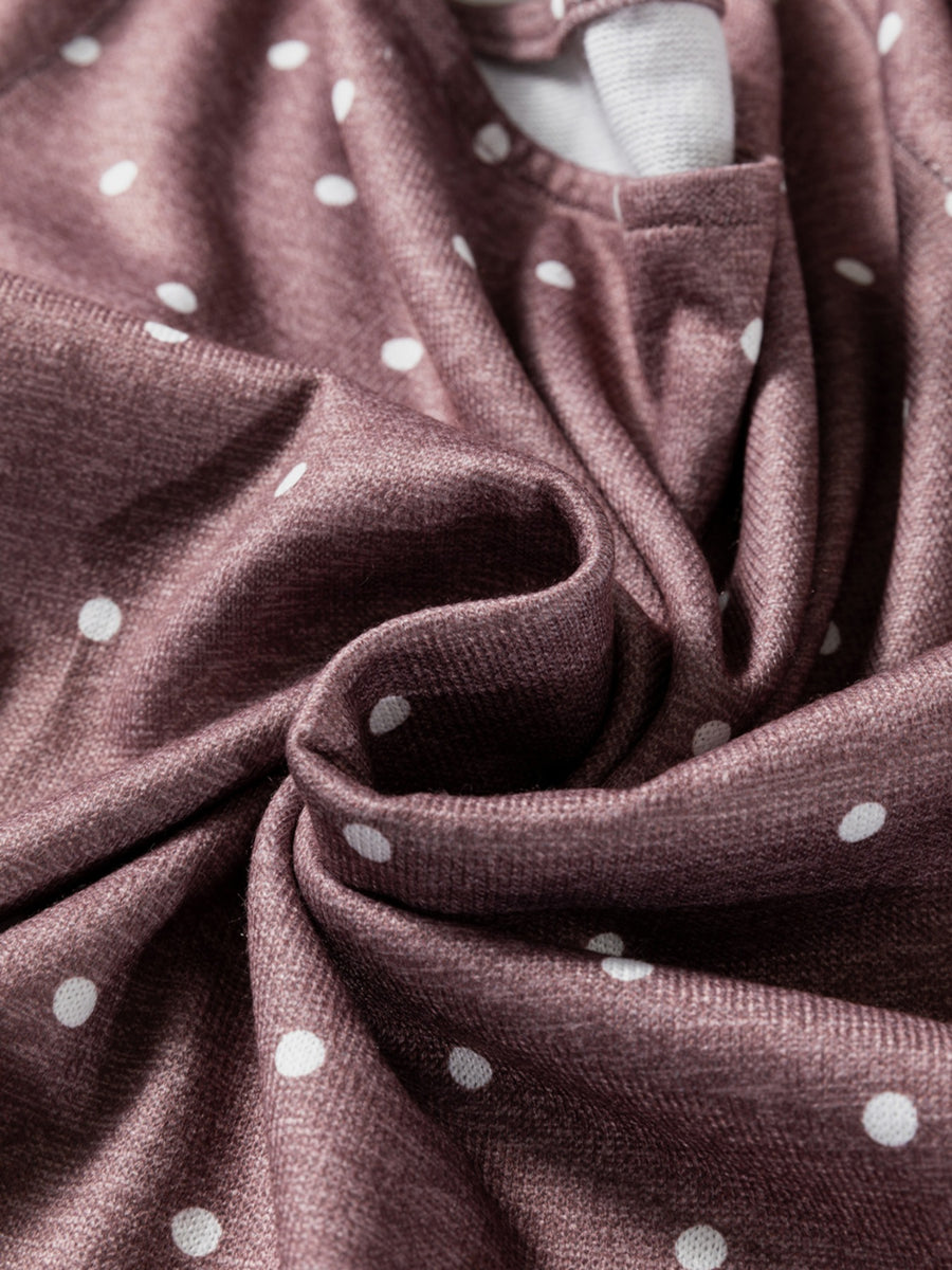 Boat neck polka dot long-sleeve tee in coffee brown with white dots.