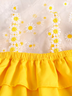 Children's Daisy Print Cami And Denim Shorts Set in Yellow
