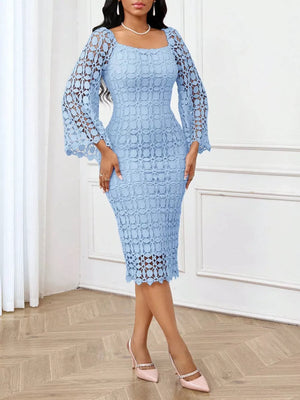 Light blue lace midi dress with square neckline and sheer bell sleeves.