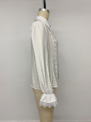 Lace-Trimmed Button-Down Shirt in ivory with buttoned