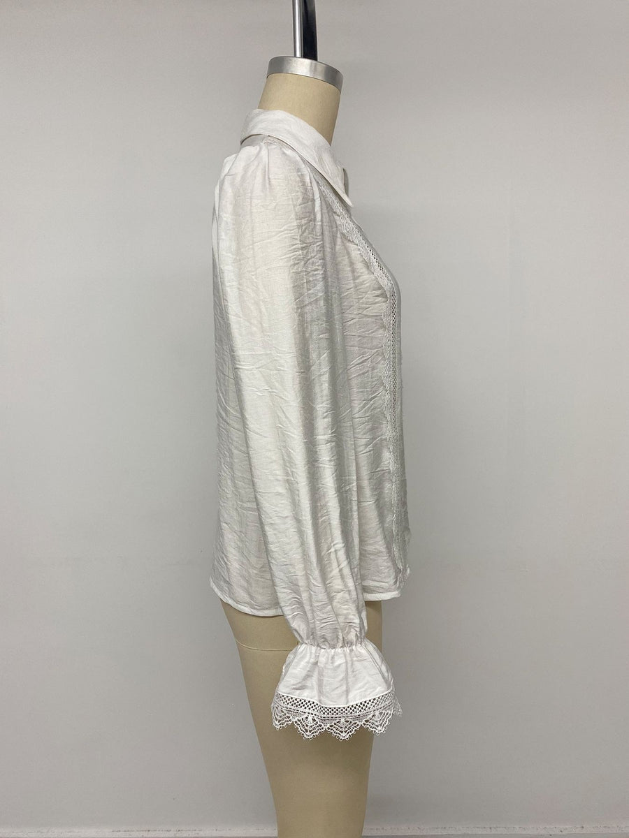 Lace-Trimmed Button-Down Shirt in ivory with buttoned