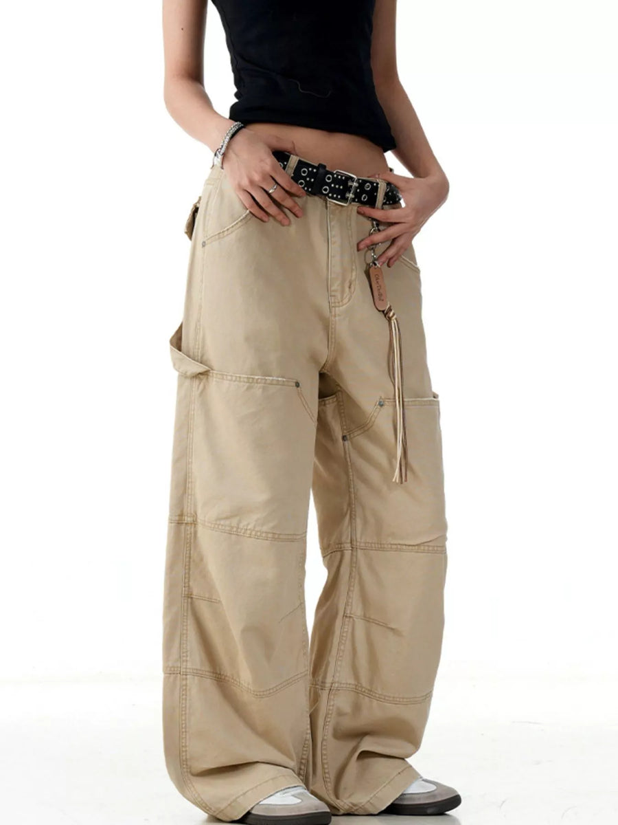 Khaki wide-leg cargo pants with multiple pockets and a relaxed fit.