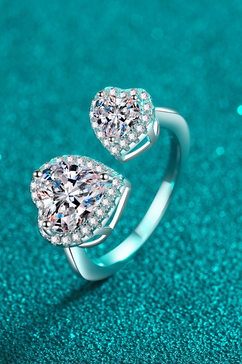 Double heart halo ring in silver sterling with clear stones