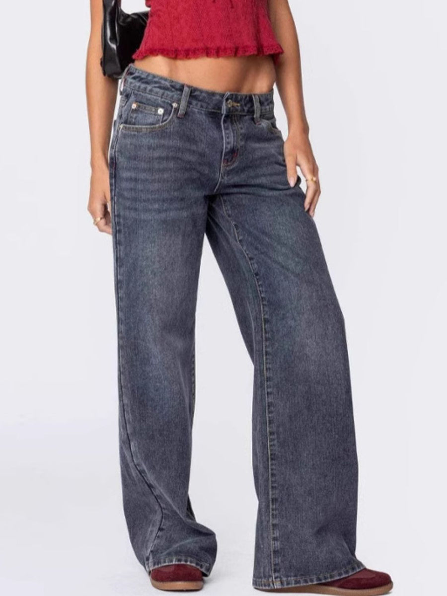 Wide-leg jeans in dusty blue denim with a subtle flare and buttoned closure.
