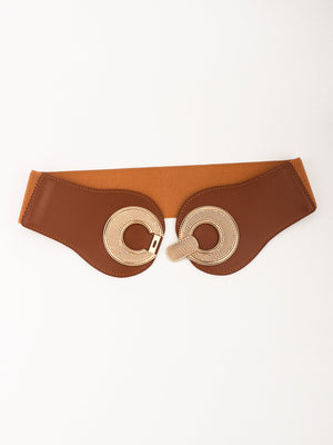 Caramel elastic belt with sculpted gold metalwork closure and faux leather trim