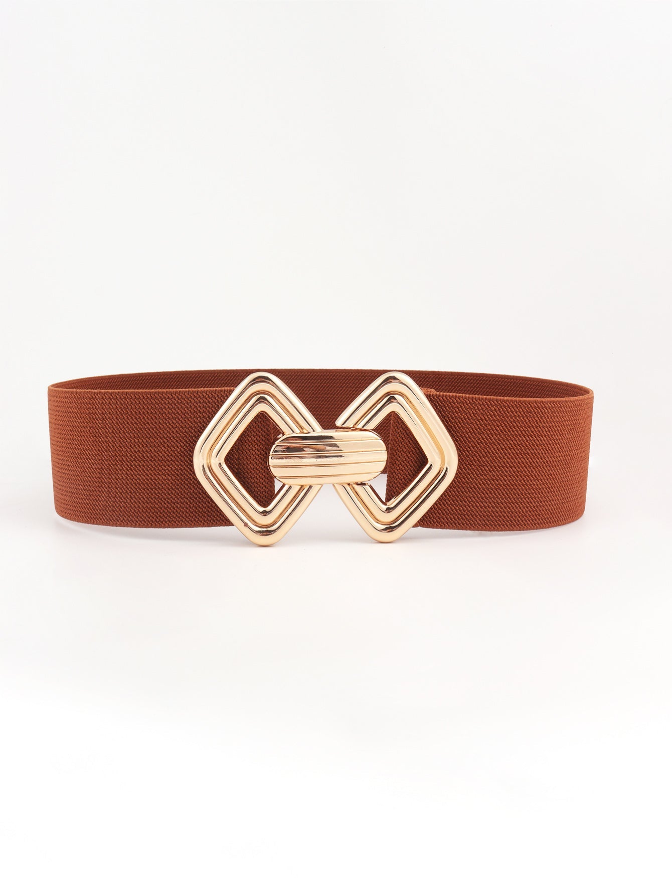 Elasticated waist belt in chestnut with gold geometric buckle detail