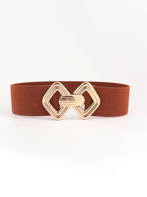 Elasticated waist belt in chestnut with gold geometric buckle detail