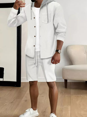 Grey Men's Casual Hooded Button-up Shirt And Shorts Set